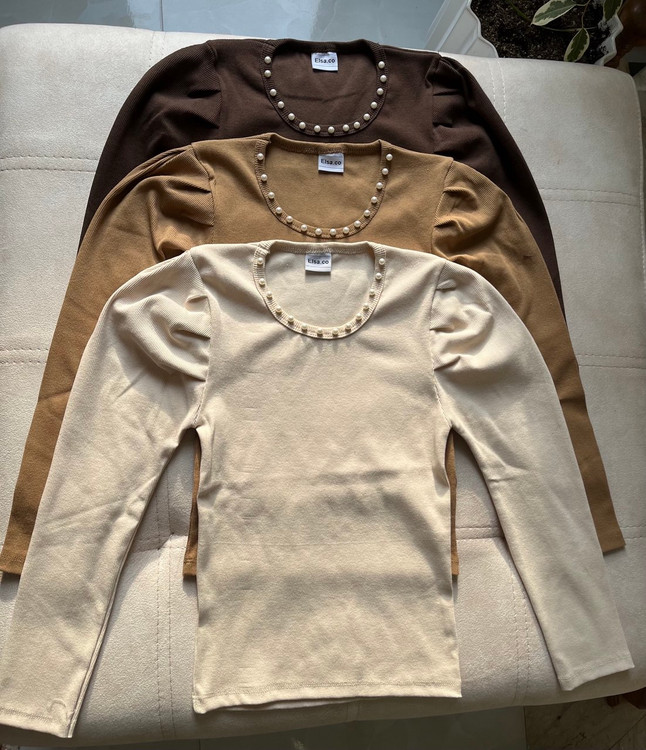 کراپ یقه مرواریدی کشی کبریتی زیبا رنگ کرم روشن - نسکافه ای و موکا