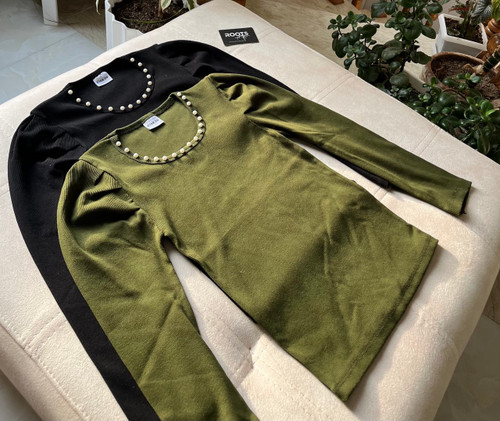 کراپ یقه مرواریدی کشی کبریتی زیبا رنگ مشکی