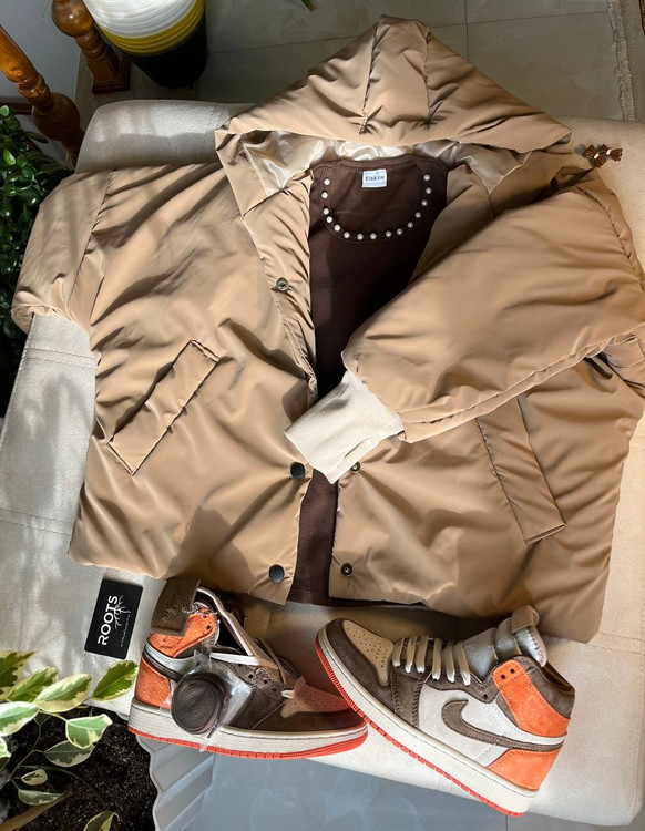 کاپشن زنانه کلاه دار آستین انگشتی دار نسکافه ای